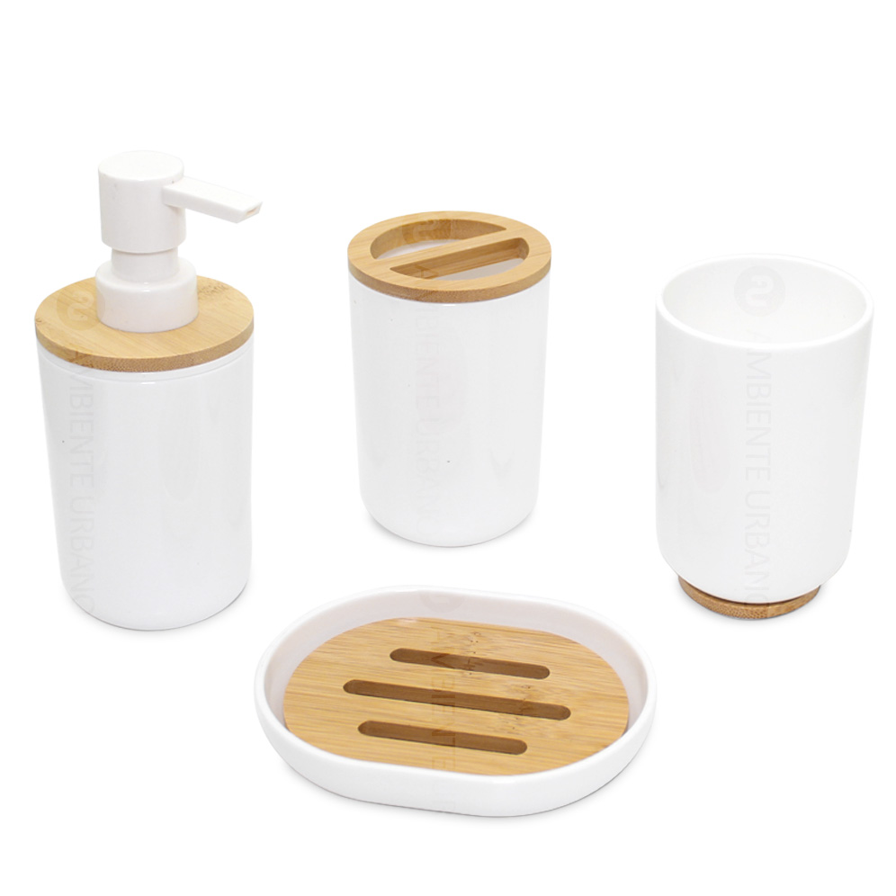 SET X 4 ACCESORIOS DE BAÑO MADERA BAMBU