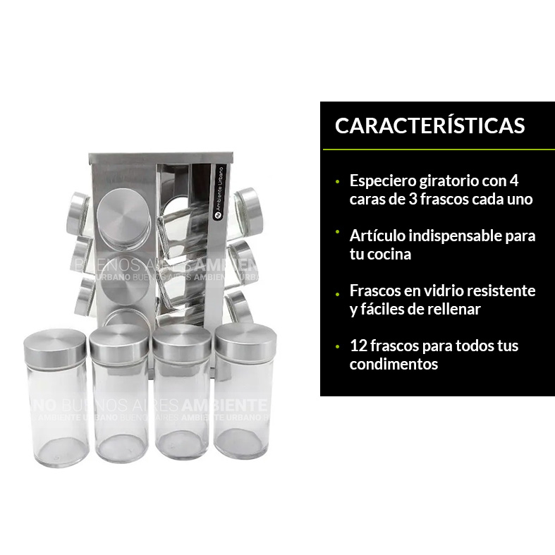 Especiero Giratorio Cuadrado Para Cocina de Acero Inoxidable y Madera 12  Frascos de Vidrio