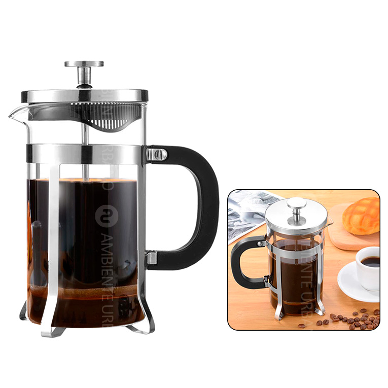 Cafetera Manual Embolo Vidrio Y Acero 1 Litro