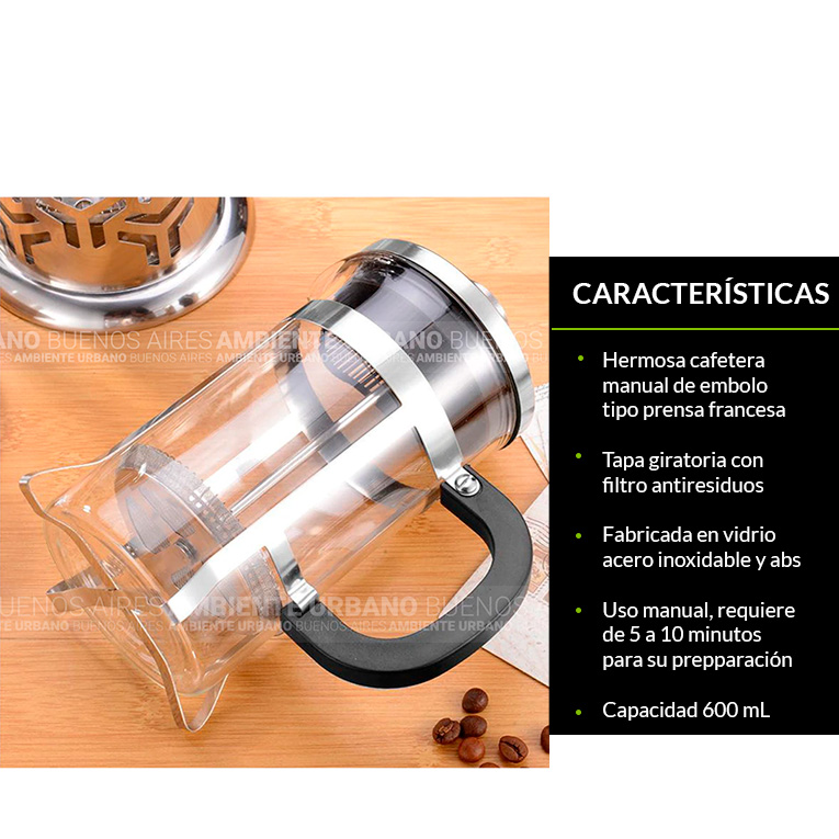 Cafetera Manual Embolo Prensa Francesa Vidrio Y Madera 600ml